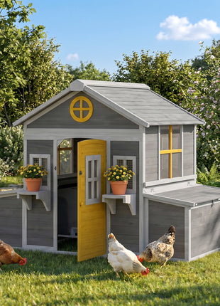 Wooden Chicken Coop, Hen House for 2-4 Hens, Outdoor Playhouse Poultry Cage with Nesting Boxes, Waterproof Roof, Windows