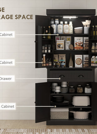 71" Kitchen Pantry Cabinet with LED Lights, 6 Door Shelves, a Drawer and 4 Adjustable Shelves, Black