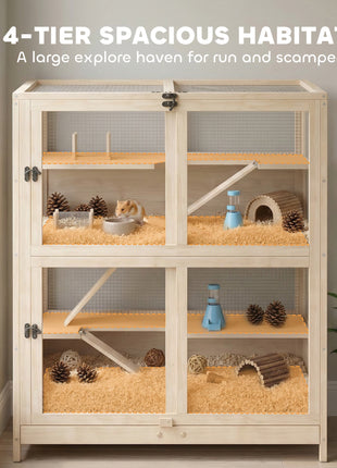 Wooden Hamster Cage, 4 Tier Small Animal Cage with Mesh Flip Roof, Pull-Out Tray, Huts, Seesaws, Ramps and Water Bottles
