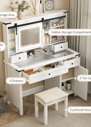 Vanity Desk Set with Mirror and Lights, Cushioned Stool, Storage Drawer, Cabinet, Shelves for Bedroom, White
