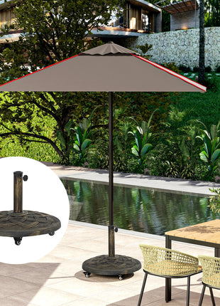 Round Patio Umbrella Base with Wheels, 44 lbs Resin Umbrella Stand Base, Heavy Duty Patio Umbrella Holder for 1.3"/1.5"/1.9" Umbrella Poles for Outdoor, Lawn, Poolside, Bronze