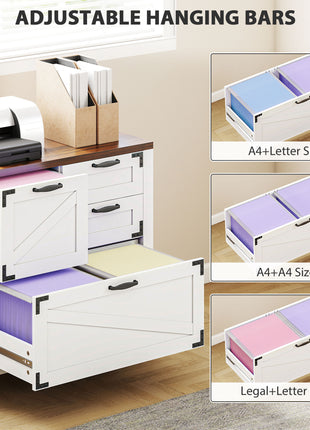 Lateral Filing Cabinet, Farmhouse File Cabinet with 4 Drawers, Fit Letter/A4/Legal Hanging Files, White