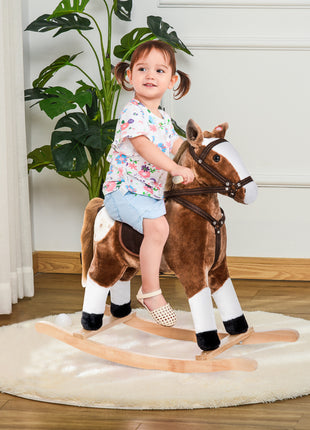 Kids Plush Toy Rocking Horse Pony Toddler Ride on Animal for Girls Pink Birthday Gifts with Realistic Sounds, Brown