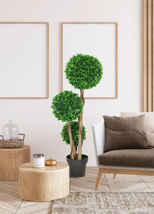 3.5ft Artificial Tree, Triple Ball Boxwood Topiary with Pot and Sandalwood Leaves, for Indoor Outdoor Home
