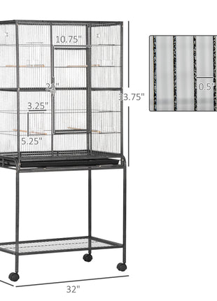30" Rolling Metal Bird Cage Feeder with Detachable Rolling Stand, Storage Shelf, Wood Perch & Food Container