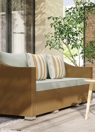 Rattan Wicker 3 Seater Patio Couch with Cushions, 2 Throw Pillows, Outdoor Furniture Rattan Sofa, Light Gray