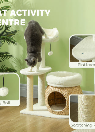 31" Cat Tree Tower with Scratching Posts, Cat Condo, Beds, Platform and Toy Ball for Indoor Cats, Cream White