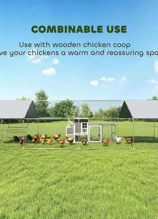 Metal Chicken Coop, 26' x 10' x 6.4' Large Chicken Run with Feeding Door, Waterproof Cover, Hanging Feeder, Perch