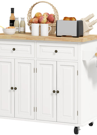 Kitchen Island on Wheels, Rolling Cart with Rubberwood Top, Spice Rack, Towel Rack and Drawers, Cream White