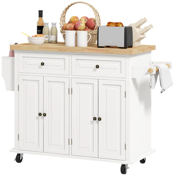 Kitchen Island on Wheels, Rolling Cart with Rubberwood Top, Spice Rack, Towel Rack and Drawers, Cream White