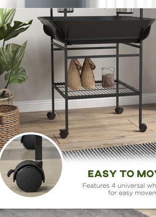 Bird Stand with Wheels, Perches, Stainless Steel Feed Bowls, Pull-Out Tray for Indoor Outdoor Small Parrot, Dark Gray