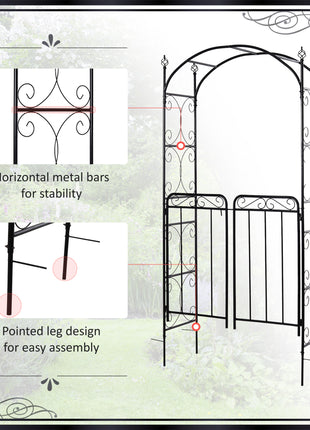 84" Garden Arch Arbor with Gate, Metal Arch Trellis, Garden Archway for Climbing Vines, Wedding Ceremony Decoration, Flourishes & Arrow Tips, Black