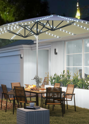 15ft Double-Sided Outdoor Umbrella with Solar Lights, UPF50+ Extra Large Aluminum Patio Umbrella with Crank, Cream White