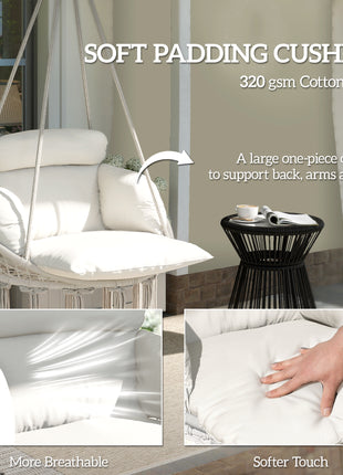 Hammock Swing Chair, Macrame Hanging Chair with Large Cushion, Chain, Steel Frame for Indoor Outdoor Use, Cream White