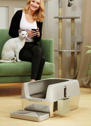High Sided Stainless Steel Litter Box with Metal Scoop & Scoop Holder, for Easy Clean& Anti-Urine Leakage, Light Gray
