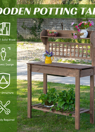 Outdoor Potting Bench Table, Wooden Workstation with Sliding Tabletop, Storage Shelf and Dry Sink, for Greenhouse, Garden, Patio, Brown