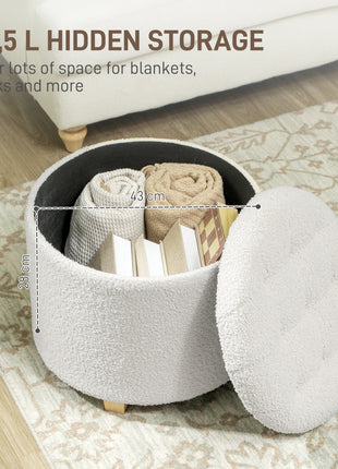 18" Round Ottoman with Storage, Teddy Fleece Button Tufted Foot Stool with Lid, Wood Legs for Living Room Hallway, White