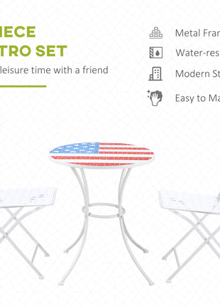 3 Piece Patio Bistro Set, Folding Outdoor Furniture with USA Mosaic Table and Chairs, Portable Metal Frames for 4th of July, Balcony, Backyard, Poolside, Porch, American Flag