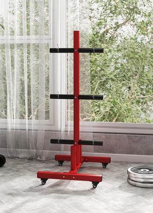2 Inch Weight Plate Rack, Plate Rack Holder for Olympic Weight Plates and Bars, with 4 Transport Wheels and 6 Fasten Clamps, 440 lbs. Capacity, Red