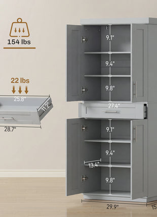 Modern Kitchen Pantry Freestanding Cabinet Cupboard with Doors and Drawer, Adjustable Shelving, Gray