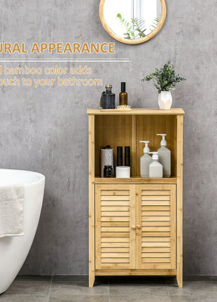 Bamboo Floor Cabinet Bathroom Floor Cabinet Living Room Organizer Tower with Multiple Shelves and Doors, Natural