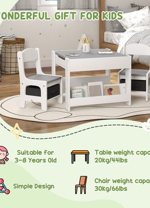 3pc Kids Table and Chair Set with Reversible Tabletop Blackboard, Storage & Bookshelves, Gray