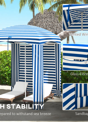 5.8' x 5.8' Cabana Umbrella with Walls, Vents, Ruffles, Carry Bag, Beach Umbrella, Blue White Stripe