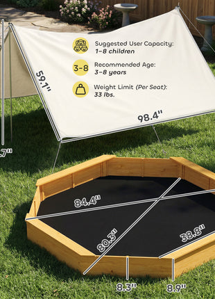 Wooden Sandbox with Large Canopy, Outdoor Sand Box with 4 Bench Seats, Bottom Liner for 8 Kids Aged 3-8, Yellow
