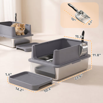 2 Pack XL Stainless Steel Litter Box, Metal Cat Litter Box High Sided with Tracking Step & Stainless Steel Scoops
