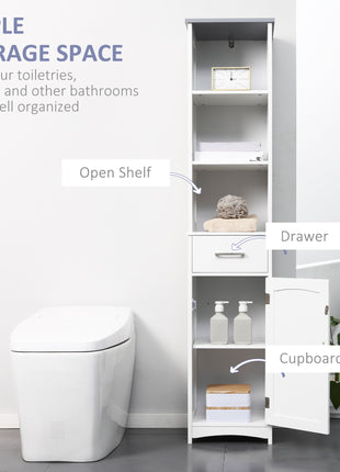 Tall Bathroom Storage Cabinet, Narrow Bathroom Cabinet with 3 Tier Shelving, Drawer and Adjustable Shelves, Slim Freestanding Linen Tower, White