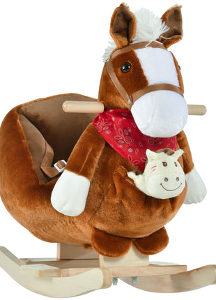 Kids Ride-On Rocking Horse Toy, Rocker with Lullaby Song, Hand Puppets & Soft Plush Fabric for Children 18-36 Months, Brown