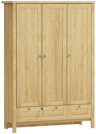 3 Doors Wardrobe Closet with 2 Drawers, Bedroom Armoire with Lockable Drawer, Hanging Rod and Storage Shelves, Natural
