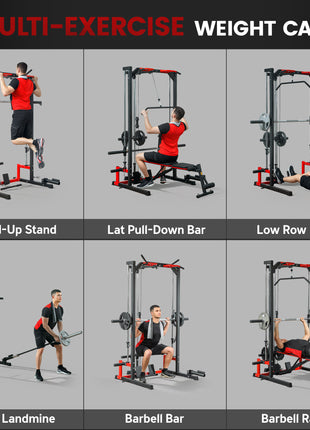 Smith Machine Power Rack with Pull Up Bar, Lat Pull Down System, Landmine, Squat Rack, Barbell Bar, for Home Gym