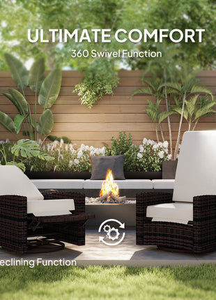 Outdoor Wicker Swivel Recliner Chair, Lifting Footrest, 360° Rotating Basic, Water-resistant Cushions, Khaki