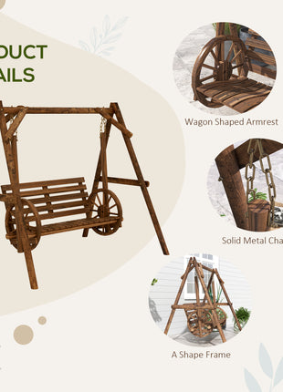 2-Seat Porch Swing with A-Frame Stand, Wooden Log Patio Swing Chair Bench with Wagon Wheel Armrests, Carbonized Brown