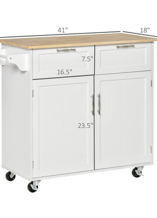 41" Modern Rolling Kitchen Island on Wheels, Utility Cart Storage Trolley with Rubberwood Top & Drawers, White