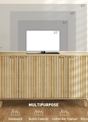 Fluted Sideboard Buffet Cabinet, 55" Coffee Bar Cabinet with 4 Doors, 2 Adjustable Shelves, 5 Wood Legs, Oak