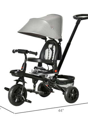 Kids Tricycle, 5 in 1 Foldable Trike with Reversible Seat, Adjustable Parent Handle, Safety Harness, Wheel Brakes, Gray