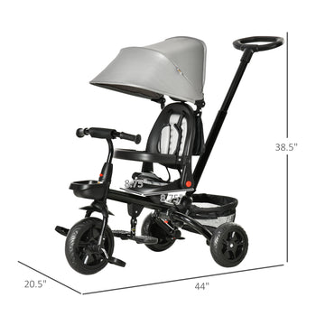 Kids Tricycle, 5 in 1 Foldable Trike with Reversible Seat, Adjustable Parent Handle, Safety Harness, Wheel Brakes, Gray