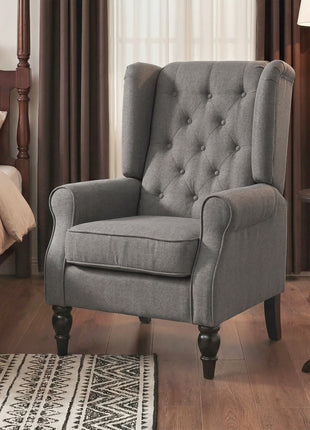 Wingback Accent Chair for Living Room, Button-Tufted Lounge Chair with Round Armrests and Wood Legs, Dark Gray