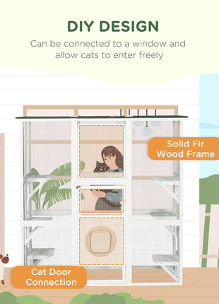 Outdoor Cat House Big Catio Wooden Feral Cat Shelter Enclosure with Large Spacious Interior, 6 High Ledges, Weather Protection Asphalt Roof, 71" L, White