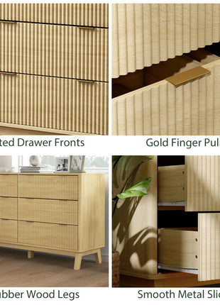6 Drawer Double Dresser for Bedroom, Fluted Chest of Drawers with Gold Finger Pulls and 5 Wood Legs, Natural Wood