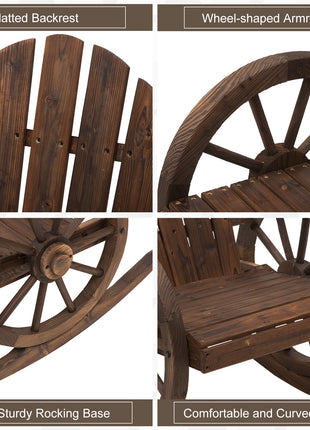 Wooden Rocking Chair, Adirondack Rocker Chair w/Slatted Design and Oversized Back, Outdoor Rocking Chair with Wagon Wheel Armrest for Porch, Poolside, and Garden, Carbonized