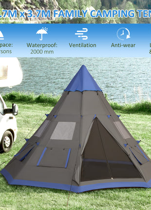 12Ft Camping Tent 6-7 Person 4 Season with 8 Mesh Windows, Outdoor Teepee Tent with Waterproof Material