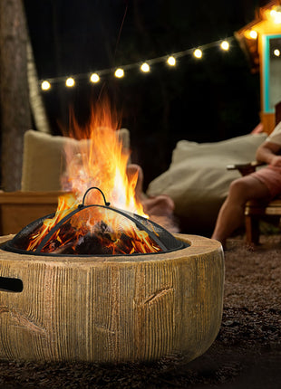 Outdoor Fire Pit, 24 Inch Metal Wood Burning Fireplace with Spark Cover, Poker, Woodgrain Design, Light Brown