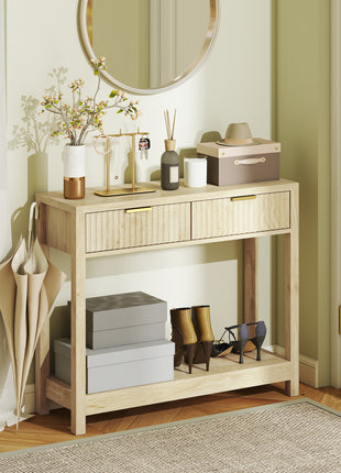 35" Console Table with Storage, Narrow Entryway Table with Fluted Panel Drawers and Shelf for Hallway, Natural