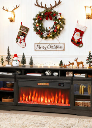Fireplace TV Stand for TVs Up to 80 Inch, TV Console with Electric Fireplace, Open Storage and Side Cabinets, Gray