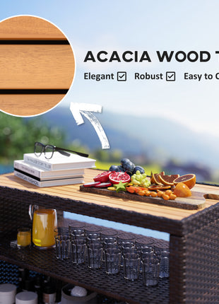 Outdoor Storage Cabinet with Acacia Wood Top, Two Doors, Shelf, Wicker Bar Table for Pool Towel Storage, Brown