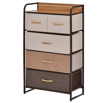5-Drawer Fabric Dresser Tower, 4-Tier Storage Organizer with Steel Frame for Hallway, Bedroom, and Closet, Maple Wood