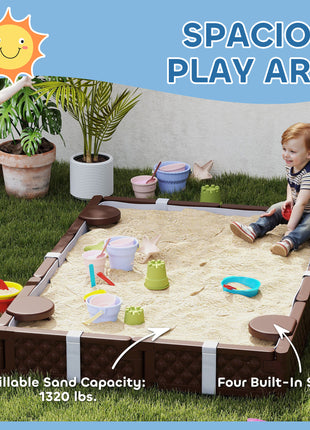 Kids Sandbox with Cover, 4 Corner Seats, Bottom Liner for Backyard, Garden, Outdoor, 73" x 47" x 9", Dark Brown